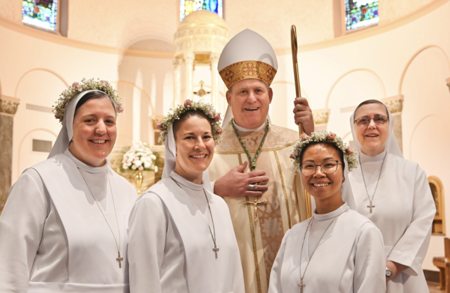 Bishop Sweeney, Salesian Sister Joanne Holloman (right), provincial, (from left) Sister Katie Flanagan, Sister April Hoffman, and Sister April Cabaccang.