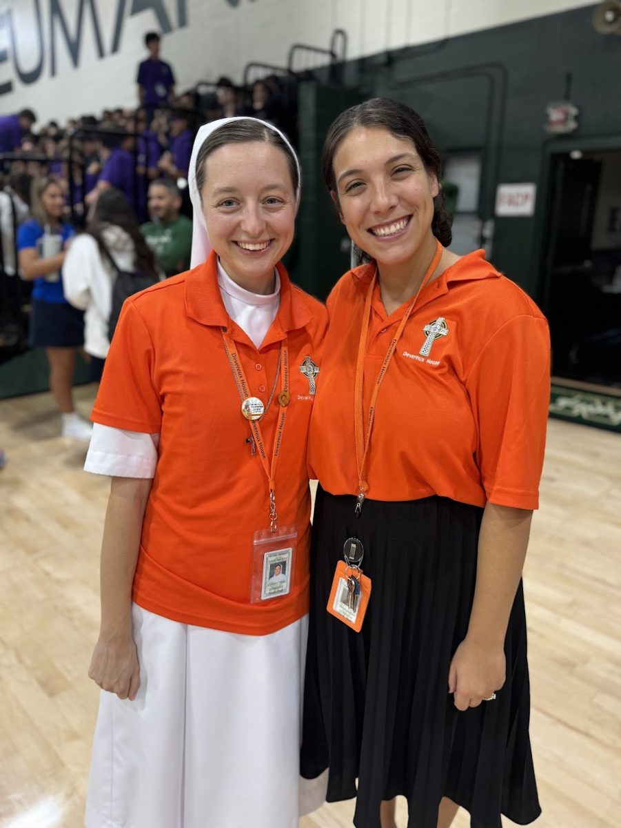 Kaitlin Trokan and Maria Campobasso at a recent school assembly.