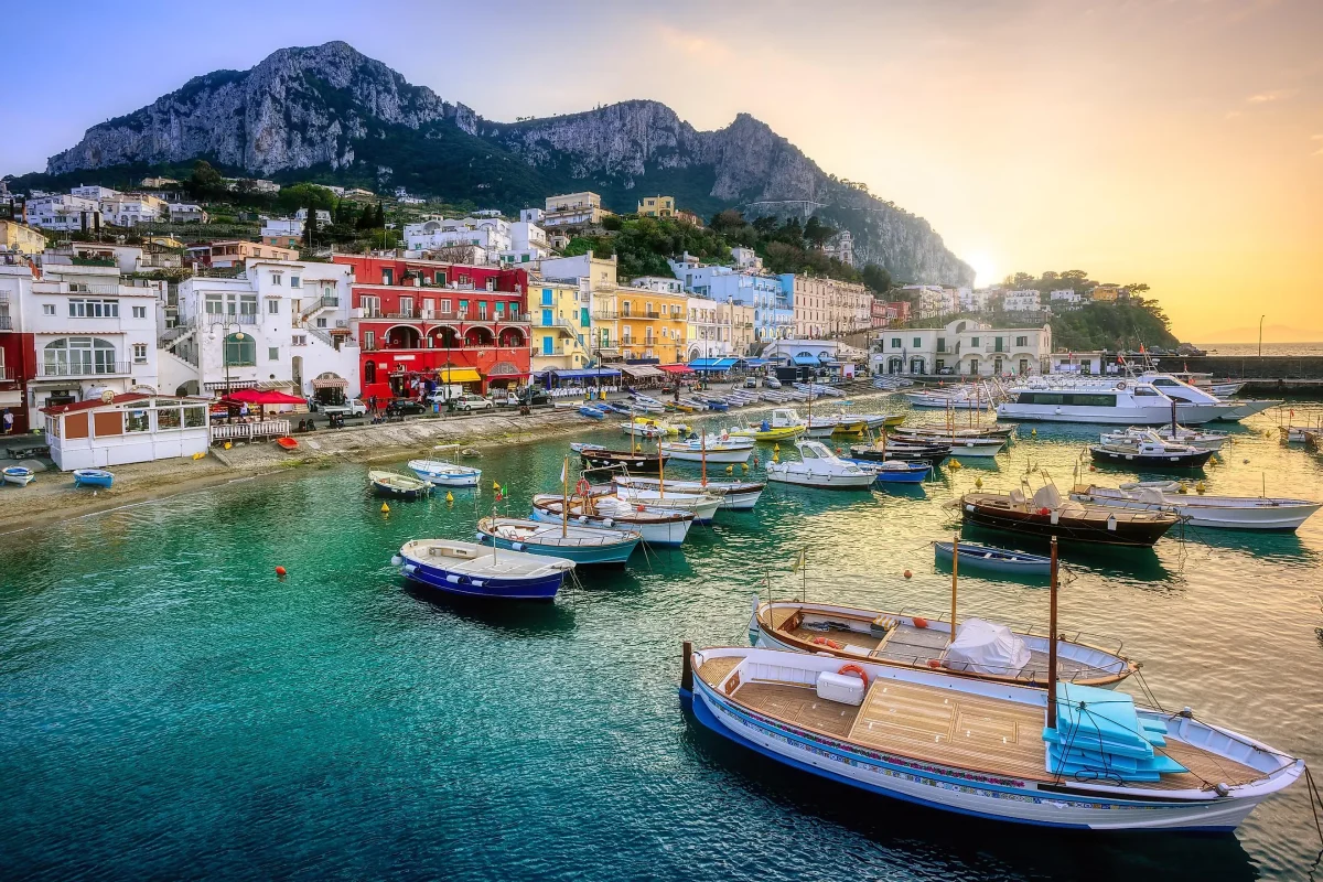 Marina Grande port on Capri Island, Naples, Italy, on dramatic sunset