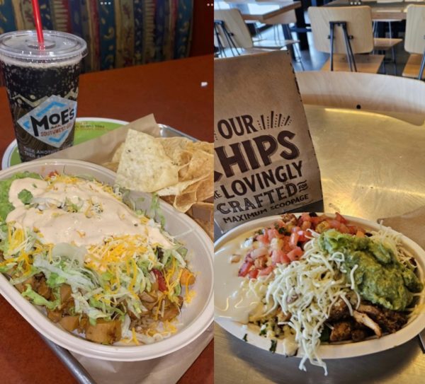 On the left is a bowl from Moe’s, and on the right is a bowl from Chipotle.